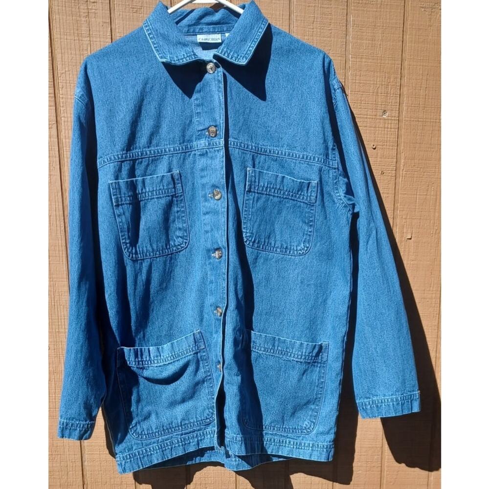 Blue Denim Chore Jacket Medium Cotton Utility Barn Coat Four Pockets - Picture 4 of 7